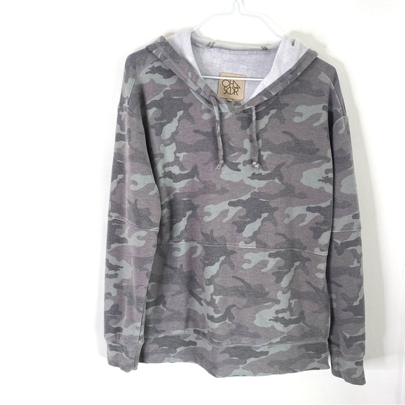 Chaser Grey Green Camo Oversized Hoodie Split Hem Drawstring Soft - Picture 2 of 7
